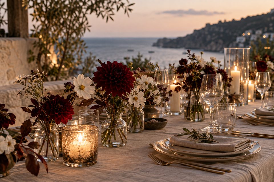 Mesa de boda con flores color vino y velas encendidas